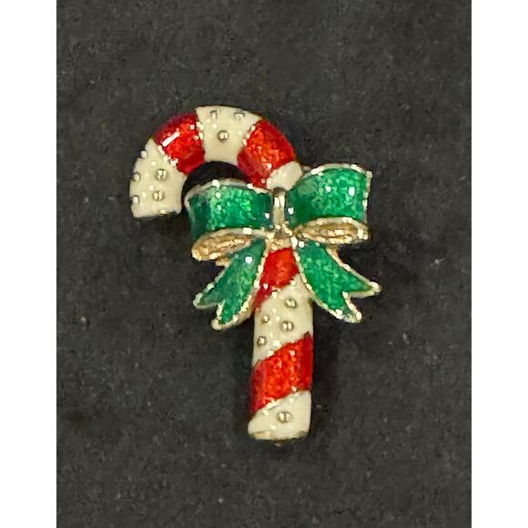 Vintage Candy Cane Christmas Brooch Red and White Enamel Holiday Pin CP150 - Picture 2 of 3